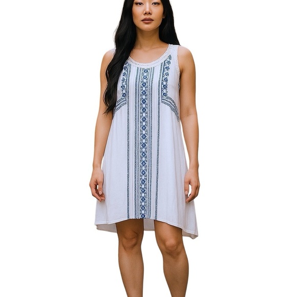 Lucky Brand Boho Chic Embroidered Crochet Detail Lined Sundress White Bl… - Picture 1 of 9